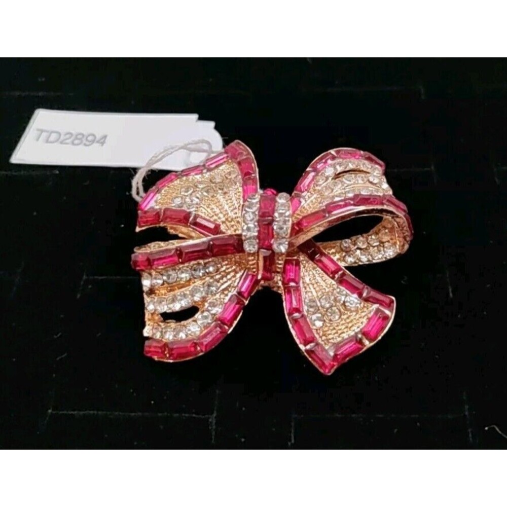 Christmas Bow Brooch W/ Red & Clear Rhinestones